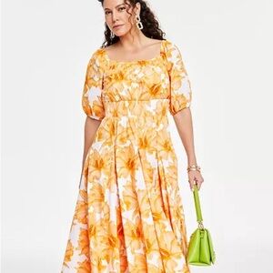 INC International Concepts Orange and White Floral Midi Dress